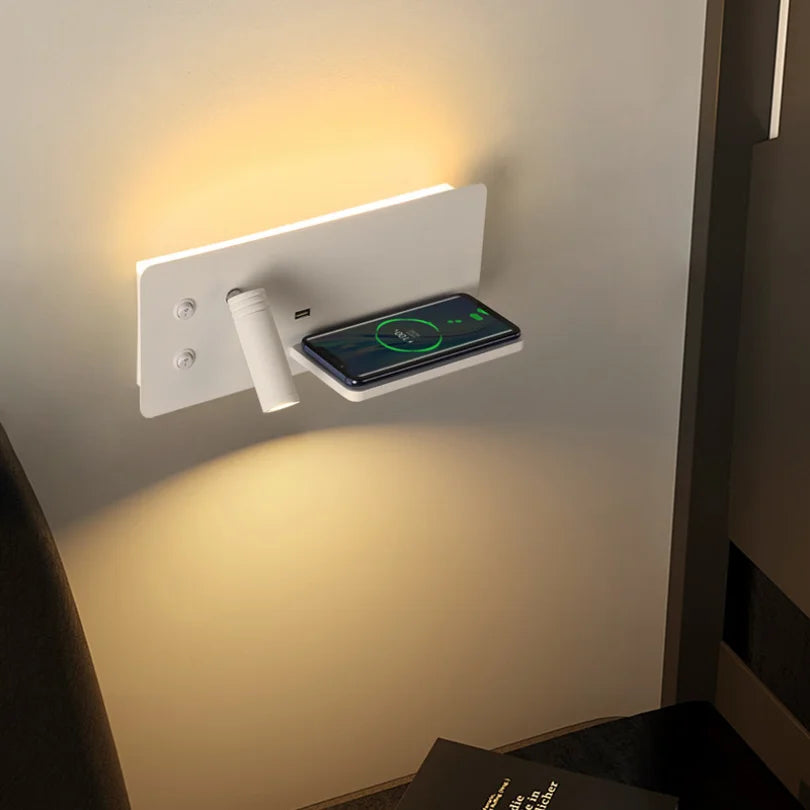 applique murale led moderne recharge sans fil étagère orientable chambre coucher minimaliste blanc noir