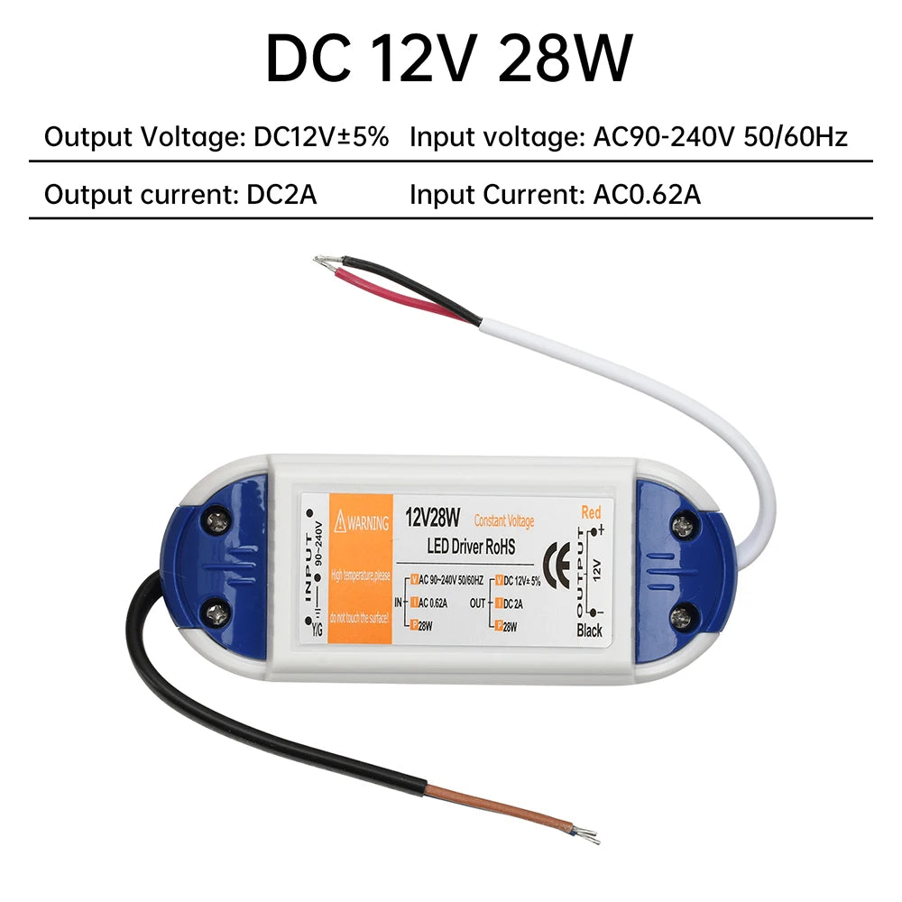 transformateur led 12v alimentation 18w 28w 48w blanc bleu adhésif câbles noirs blancs moderne