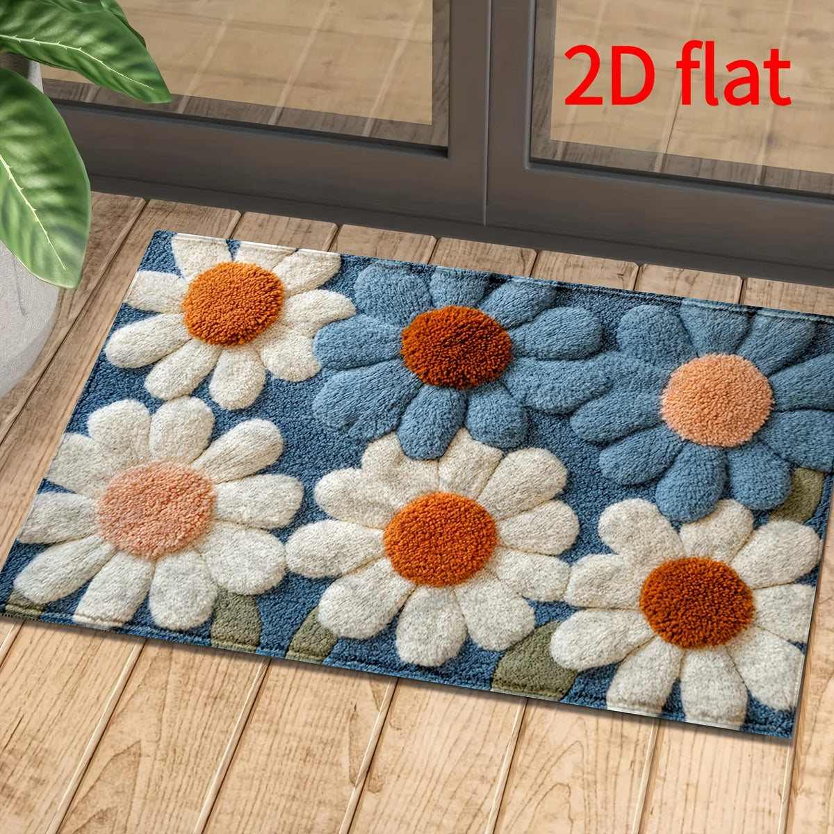 tapis moderne fleurs bleu blanc orange non glissant salon salle bain machine lavable