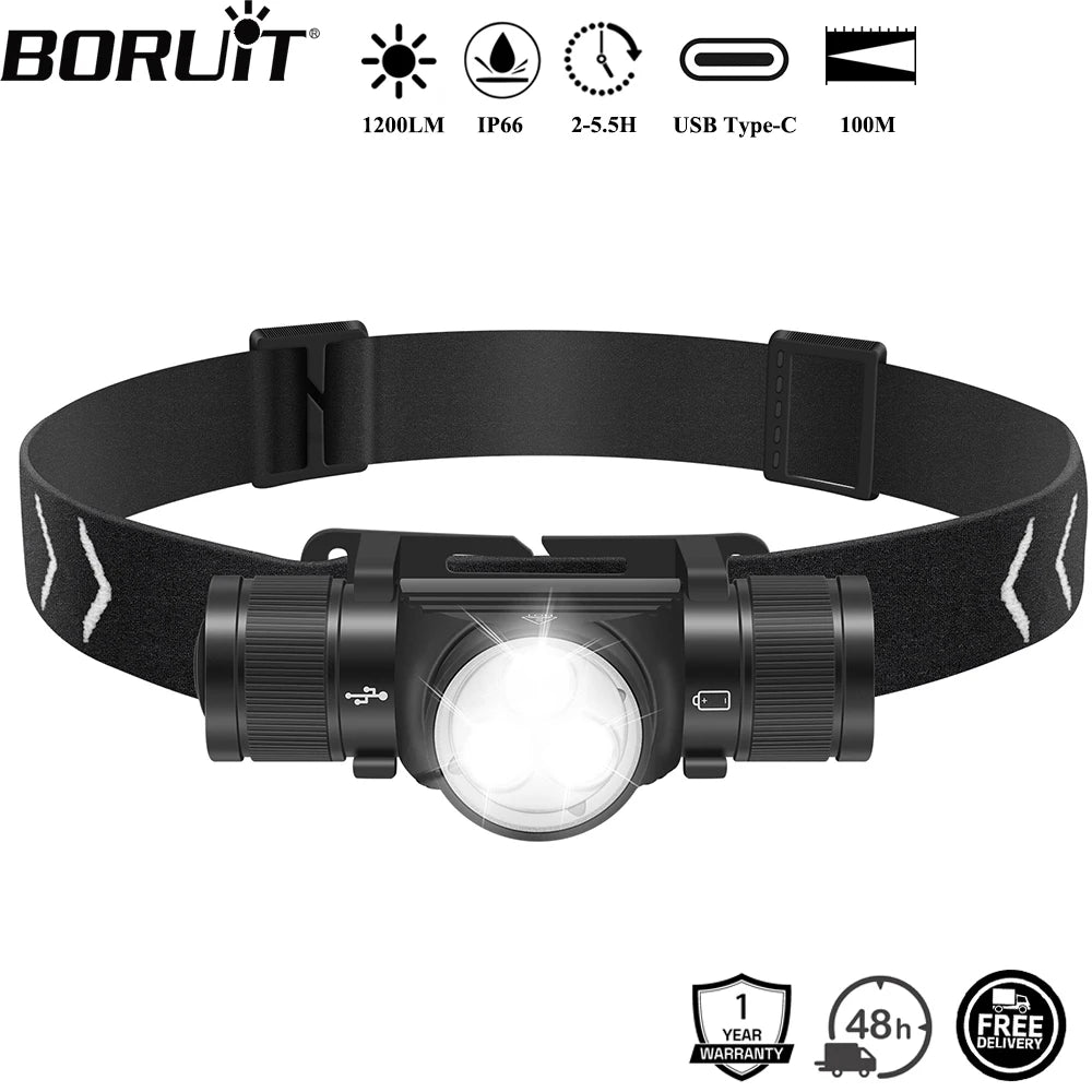 lampe frontale led rechargeable type 10w noir bandeau élastique réfléchissant moderne utilitaire camping