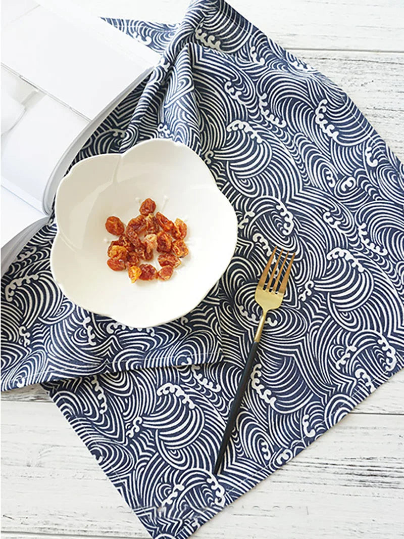 serviettes cuisine bleu marine blanc motif ondulé clips dorés moderne 30x45cm poly coton nhà