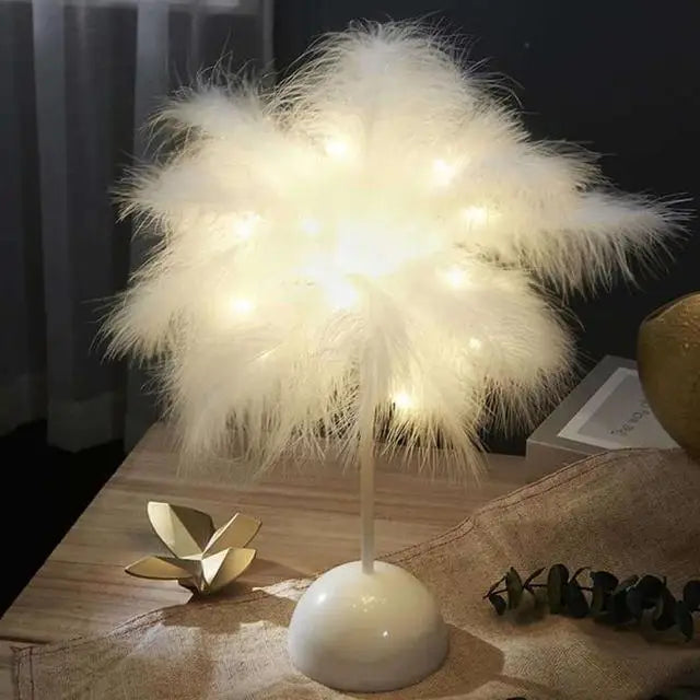 lampe arbre plumes guirlande led rose blanche dorée décoration bohème moderne chambre