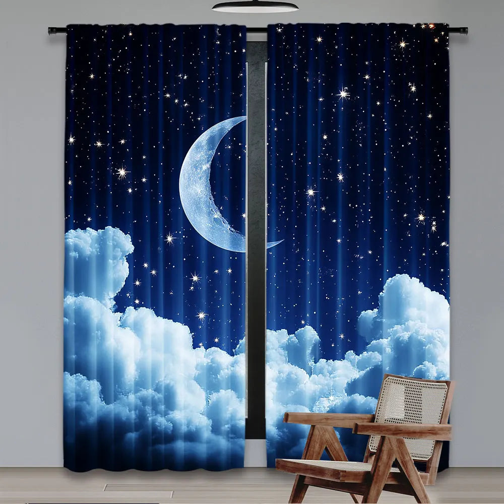 rideau nuages lune étoiles bleu foncé blanc moderne opacité pièces polyester 130x210cm