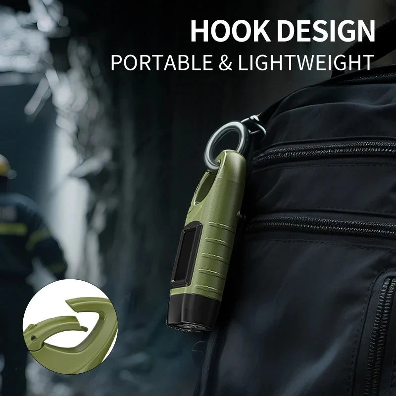 lampe torche solaire vert olive rechargeable rayures horizontales mode fixation annexe chargeurs camping