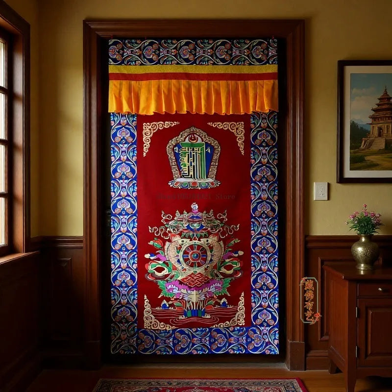 rideau porte ornements traditionnels motifs floraux artisanal couleur rouge bleu orange ethnique decoration maison
