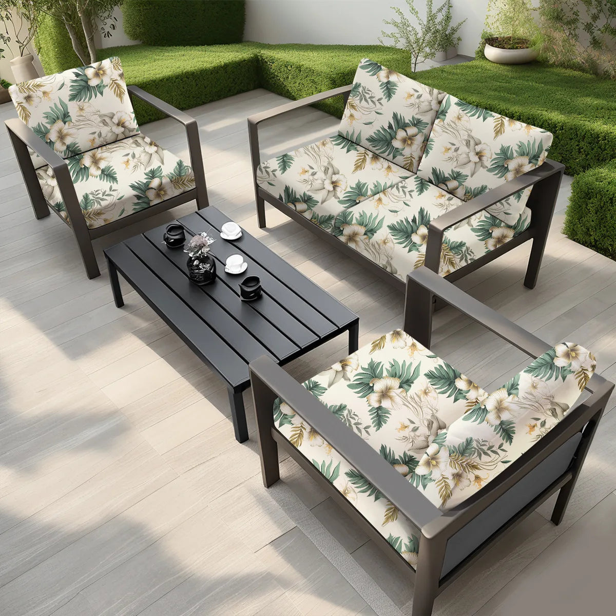 canapé extérieur moderne coussins fleurs tropicales beige vert orange printemps été polyestère lavable machine