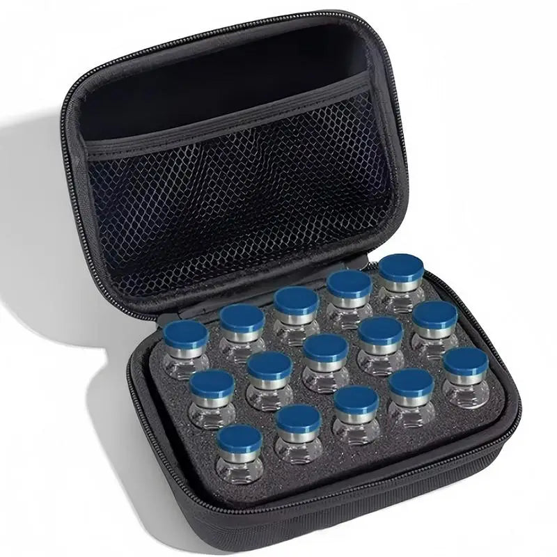 boîte rangement flacons insuline noir texture maille moderne fermeture glissière 30 emplacements