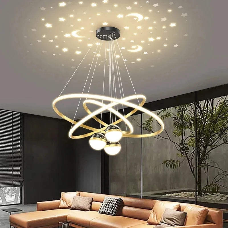 suspension lumineuse moderne or blanc anneaux superposés intérieur chambre salon