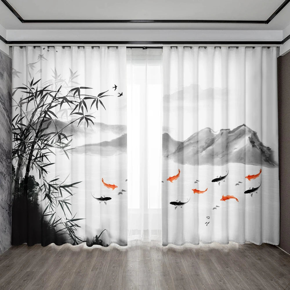 rideaux japonais motifs bambou montagne zen opaque transparent 75x166cm polyester tubulaire
