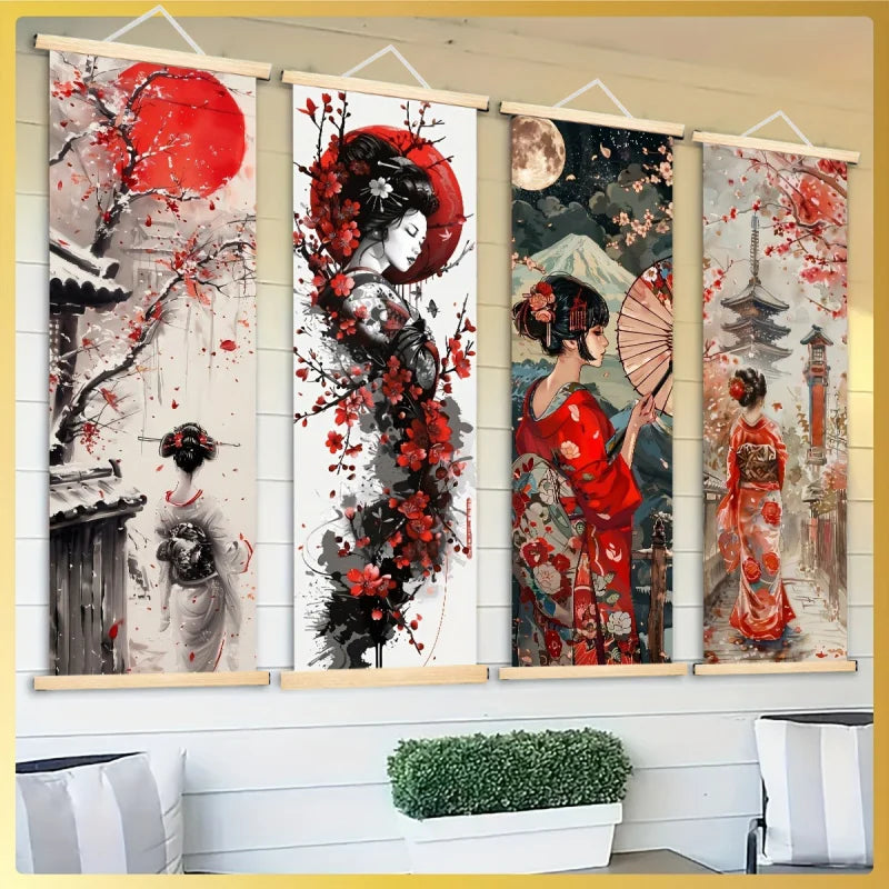 toile d'art japonaise contemporaine peinture abstraite fleurs cerisier cadre bois suspendue chambre salon