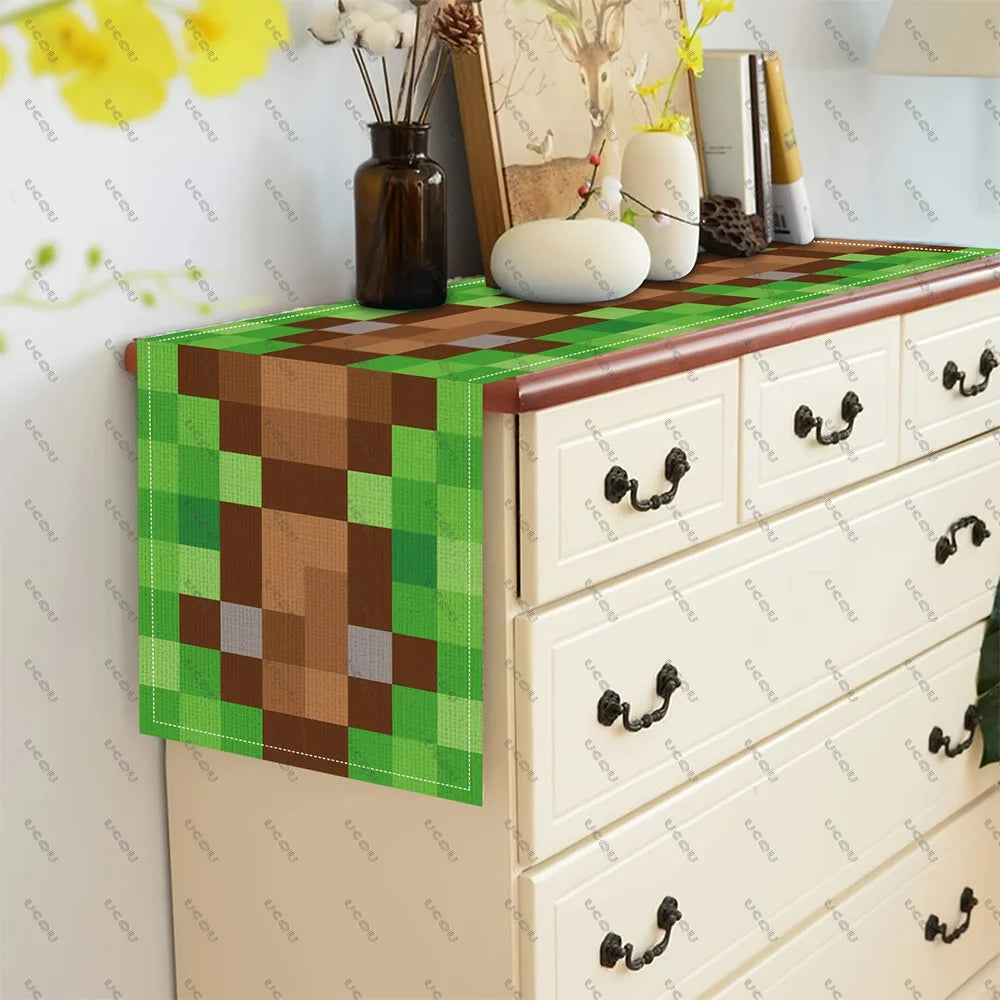 chambre coucher salon chemin table carreaux géométriques moderne vert marron gris decoration tissu