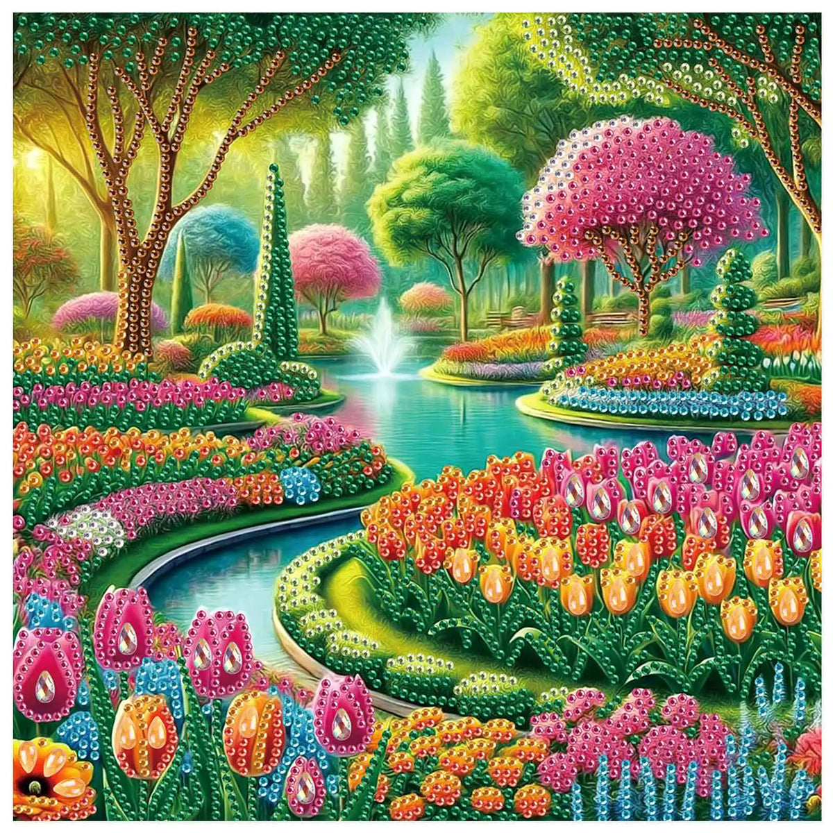 peinture diamant fleurs paysage floral arbres etang fontaine kit diy coloré