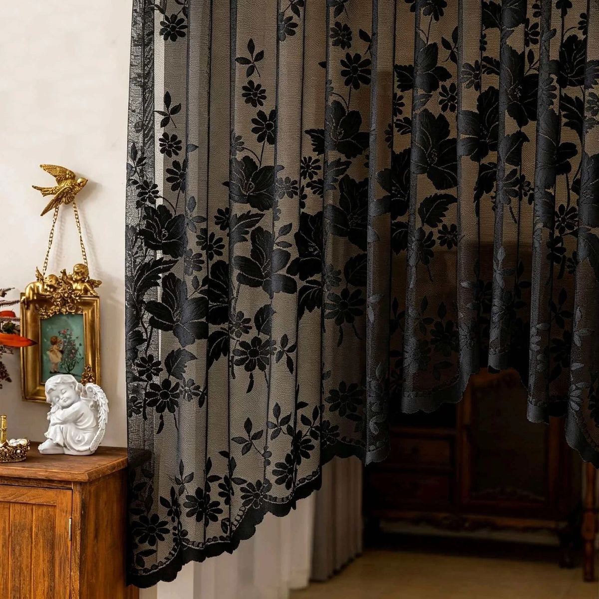 rideau arqué dentelle noir floral transparent vintage romantique decoration boheme