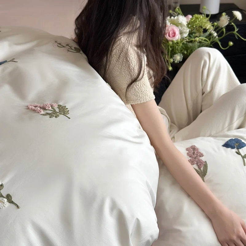 ensemble literie coton brodé fleurs rose blanc classique king queen full