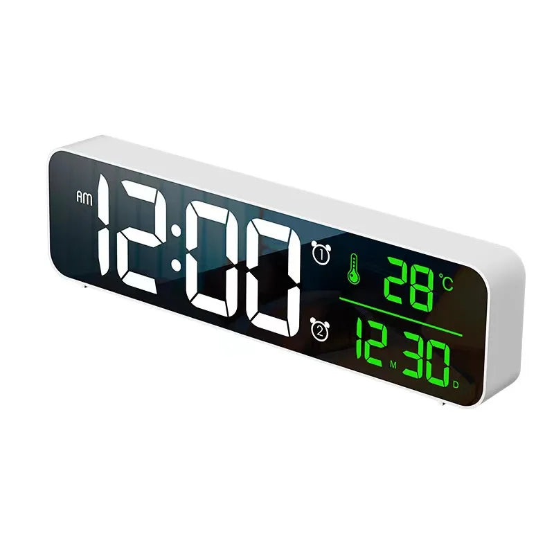 horloge numérique moderne blanc noir écran led affichage température double alarme snooze