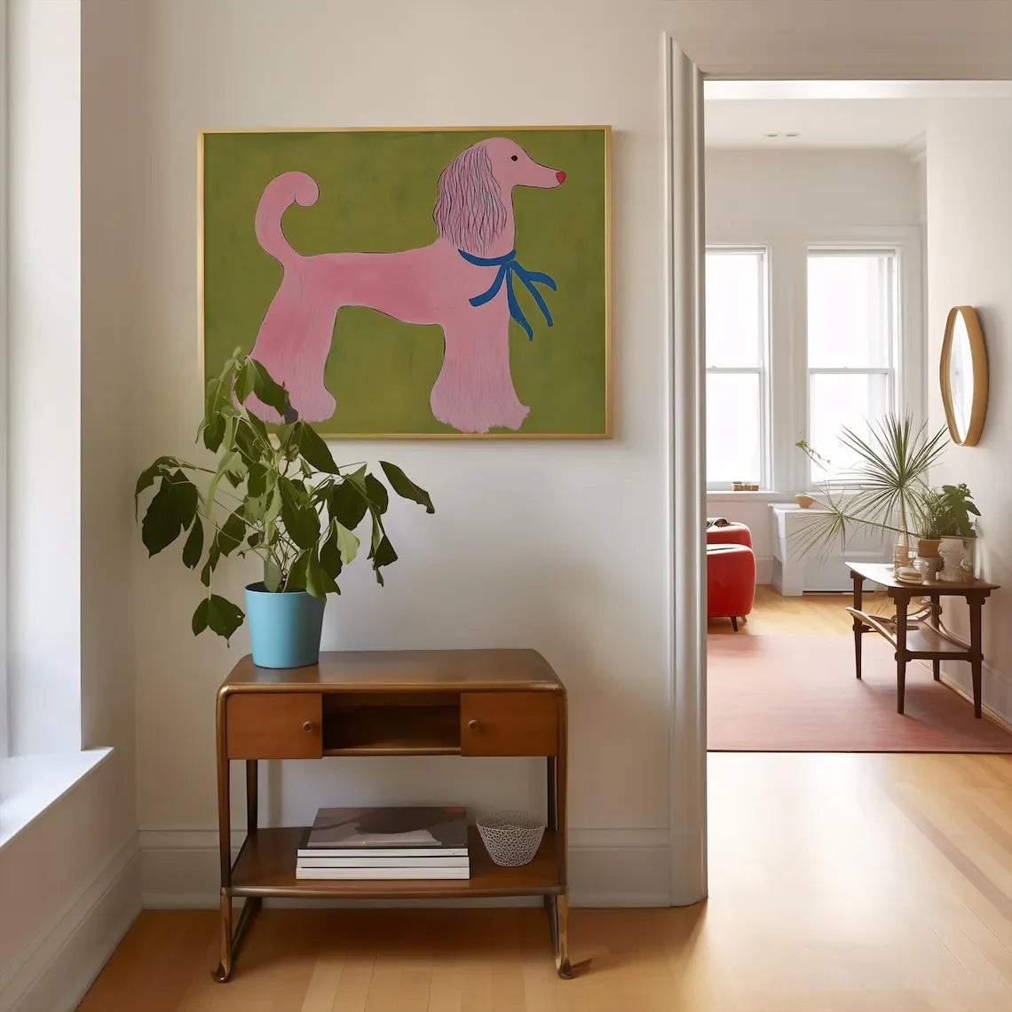 tableau mural chien stylisé rose moderne décoration animaux compagnie verte bleue chambre enfants
