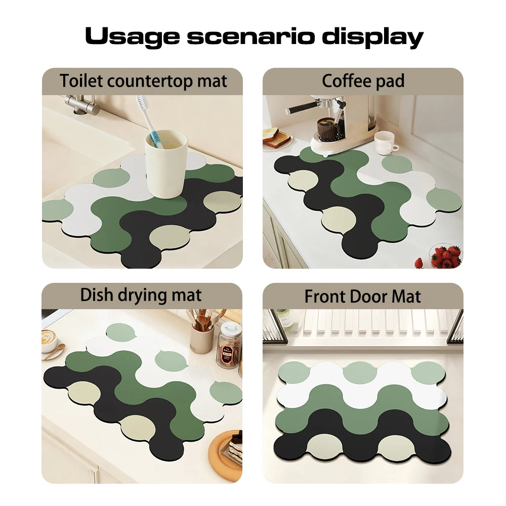 tapis cuisine moderne rectangle géométrique vert blanc noir polyestere rapide egouttoir