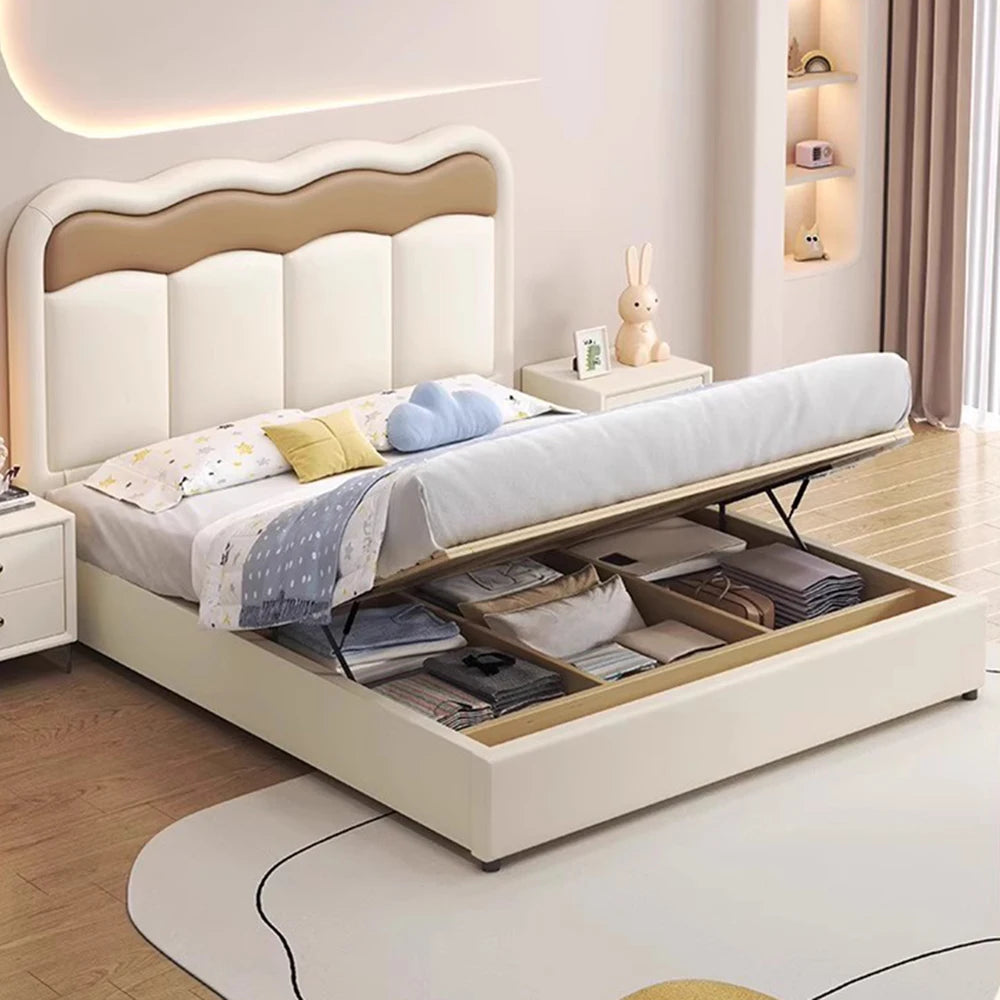 lit double moderne beige simili cuir oreiller coussin blanc dimensions 120x200cm