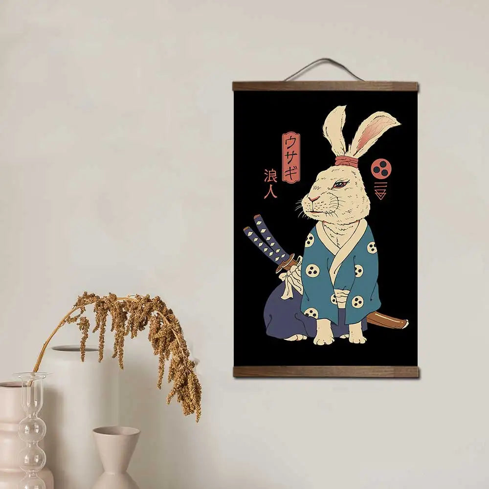 affiche toile cadre bois art japonais chat lapin samouraï décoration murale salon chambre