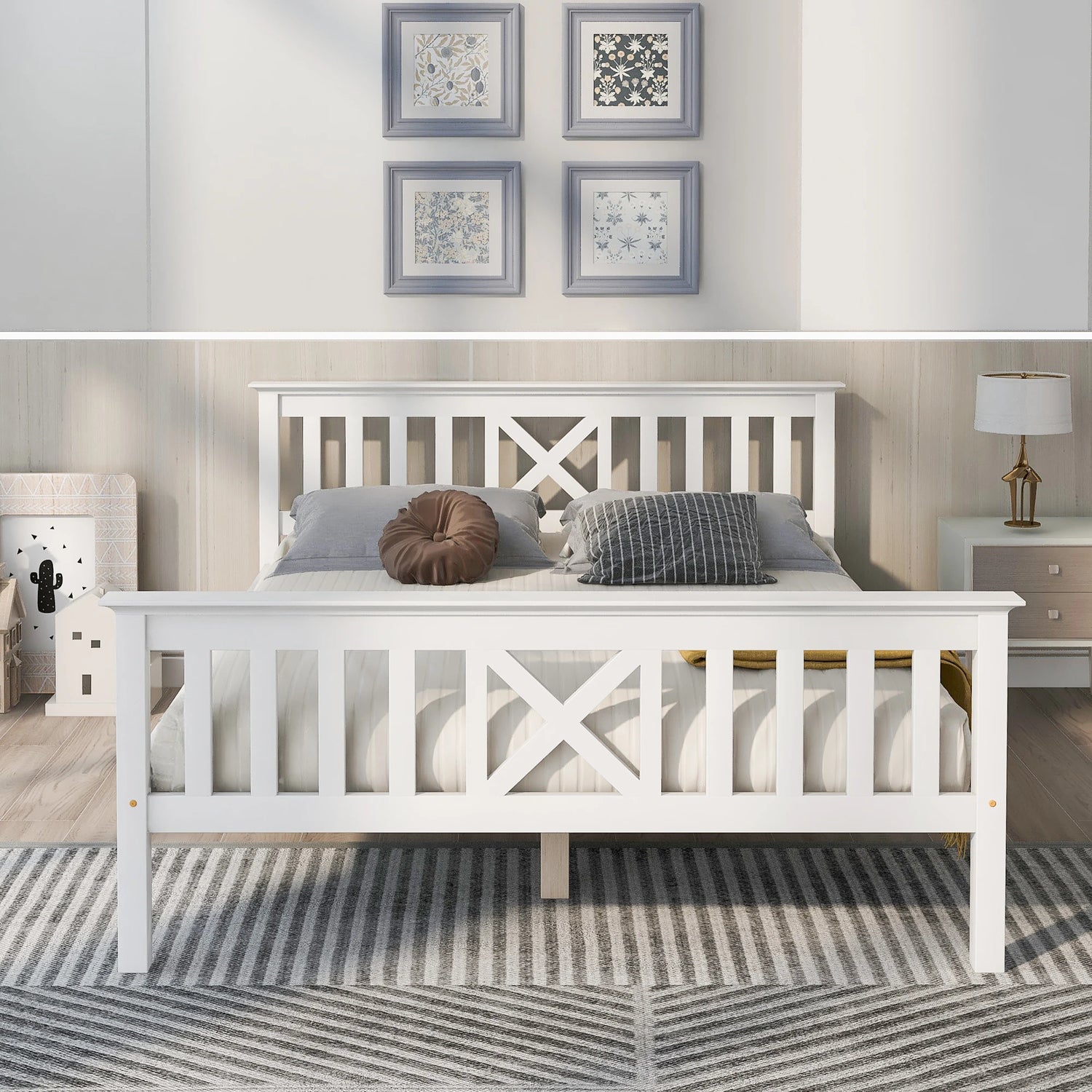 Lit double en bois blanc avec tête de lit design en forme de X