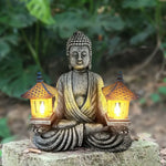 statue bouddha résine gris jaune bleu lanternes solaires zen décoration intérieure extérieure vieilli aspect