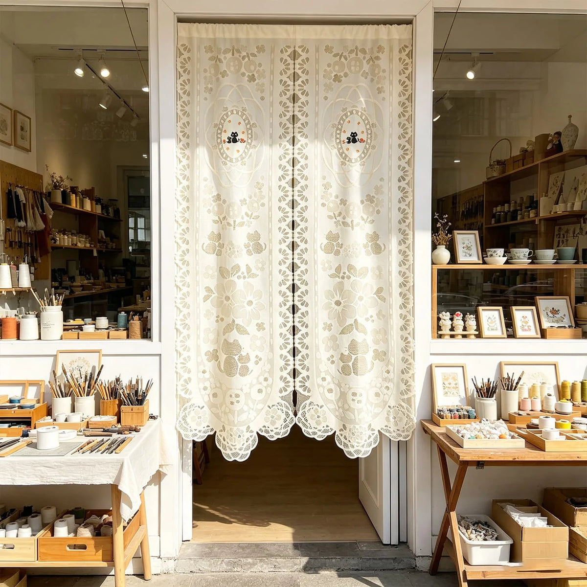 rideau fleur papillon brodé traditionnel beige clair semi transparent boho cottagecore fenêtre cuisine chambre