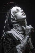 tableau toile tattoo nonne croix halo lumineux contemporain or noir rouge gris İslamistique erotique