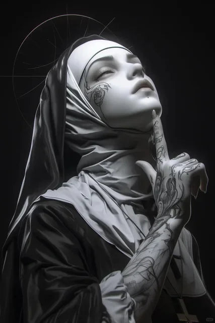 tableau toile tattoo nonne croix halo lumineux contemporain or noir rouge gris İslamistique erotique