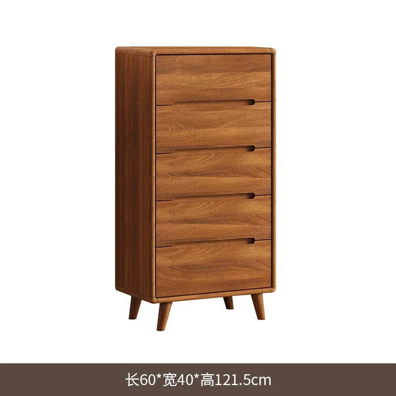 commode chêne foncé tiroirs modernes pieds bois poignées noires chambre salon