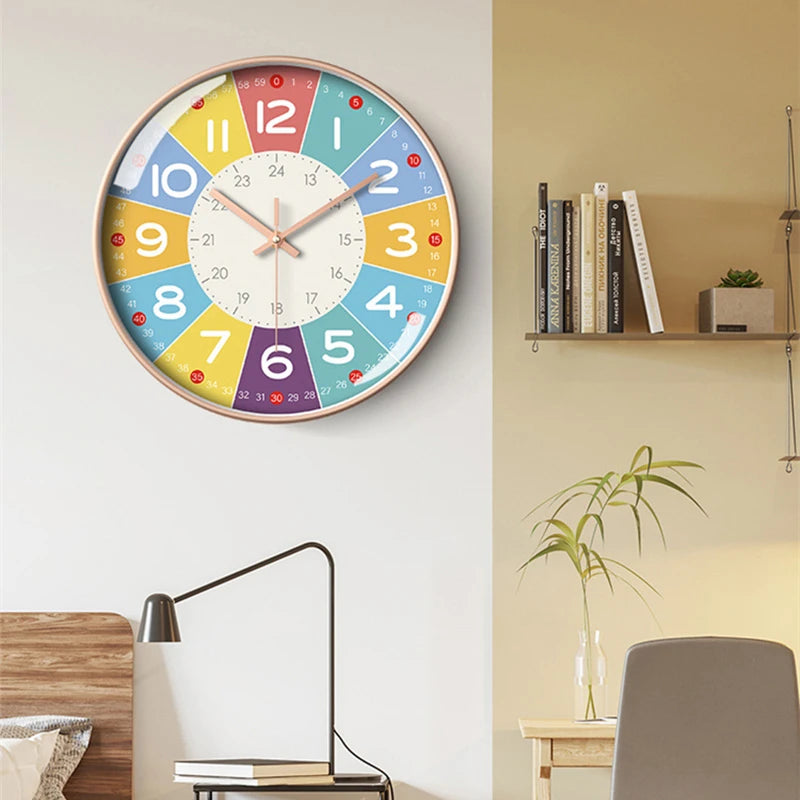 horloge murale moderne dessins animés couleurs vives chiffres romains sans tic tac enfants décoration