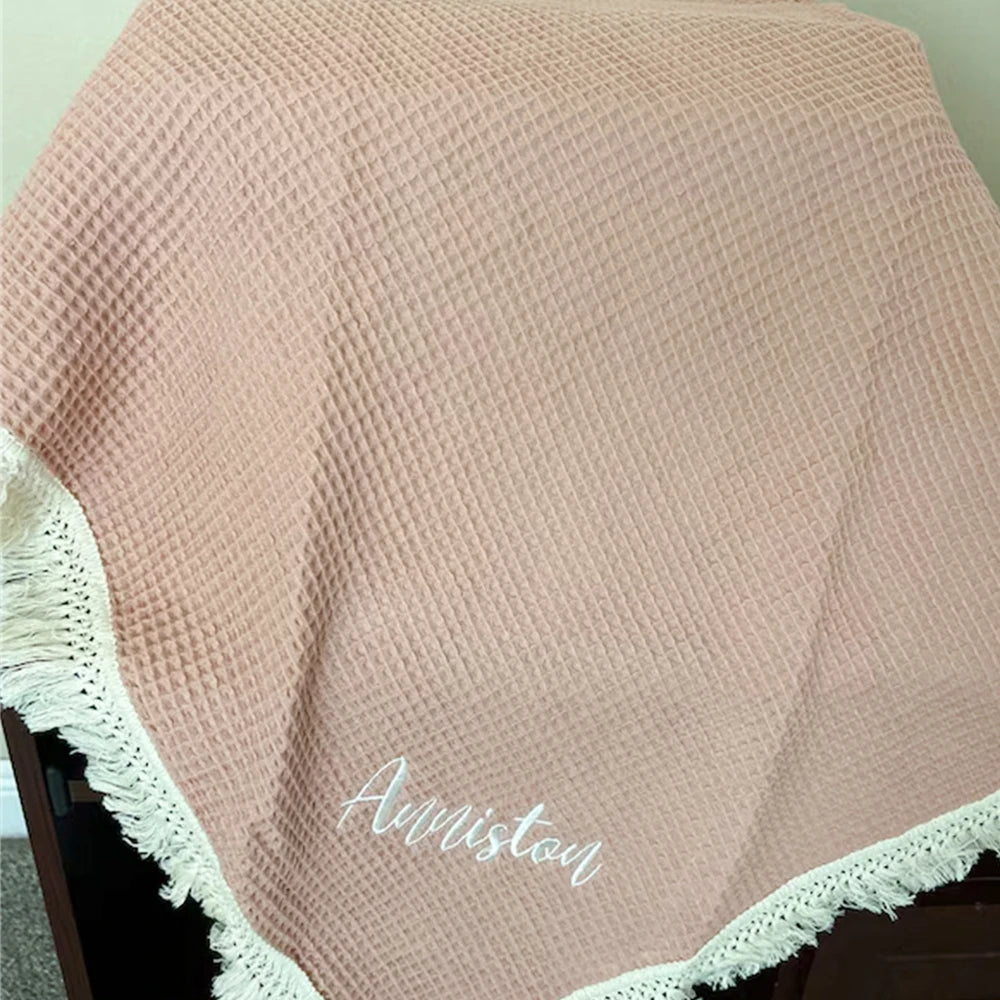 couverture acrylique coton bambou brodée franges rectangulaire enfant printemps automne moderne doucewasherhandpinkbeigeclair