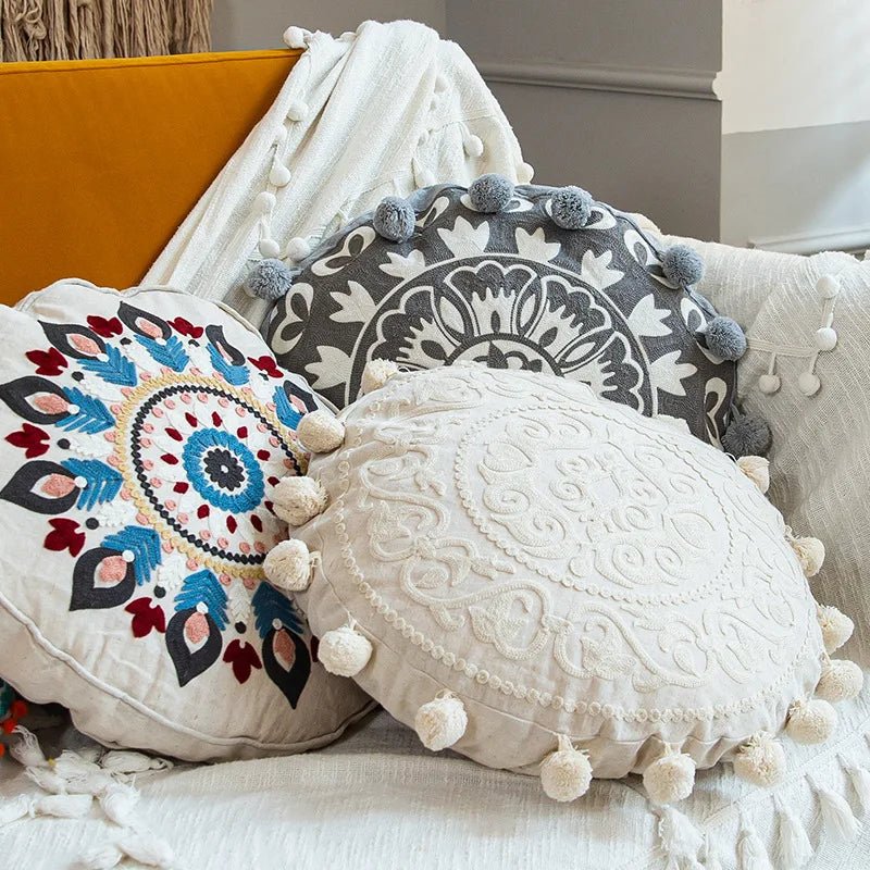 housse coussin rond brodé géométrique floral boho chic coton décor maison salon voiture