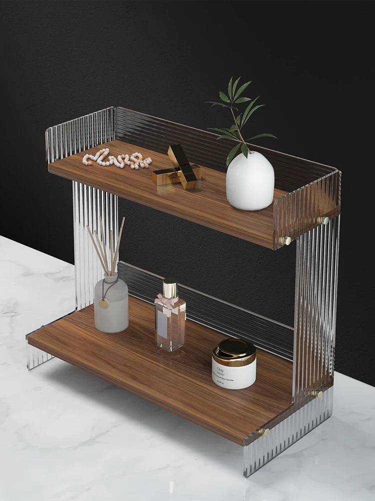 étagère deux niveaux bois marron clair métal argenté moderne minimaliste plateau lisse vase bouteille