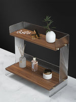 étagère deux niveaux bois marron clair métal argenté moderne minimaliste plateau lisse vase bouteille