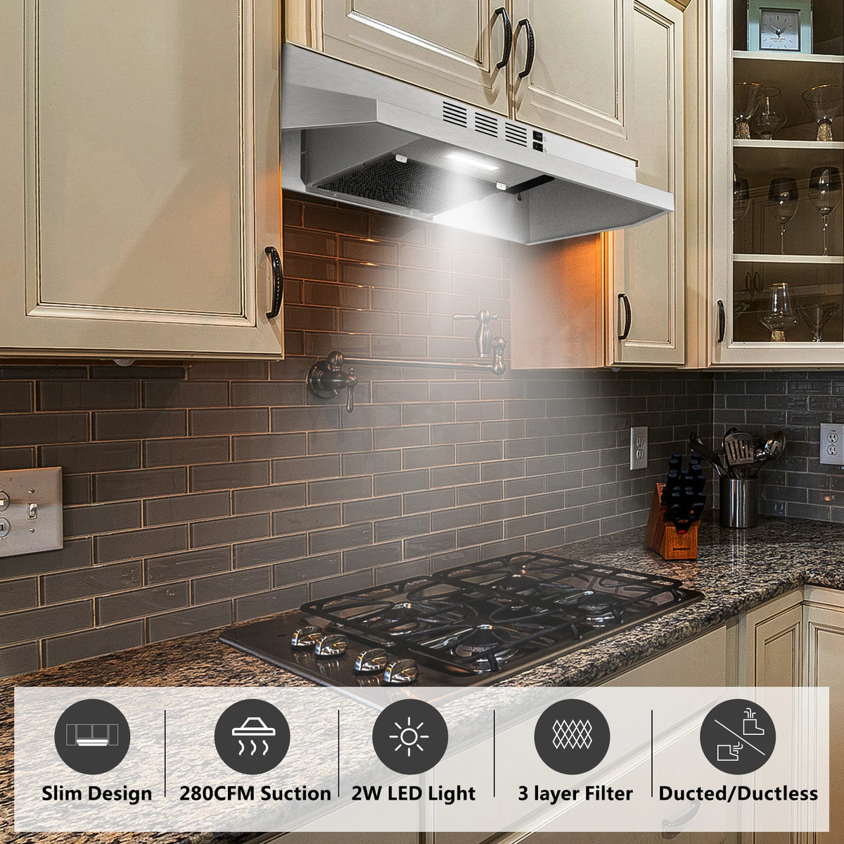 hotte cuisine acier inoxydable 280 cfm vitesses led argentée moderne easy clean
