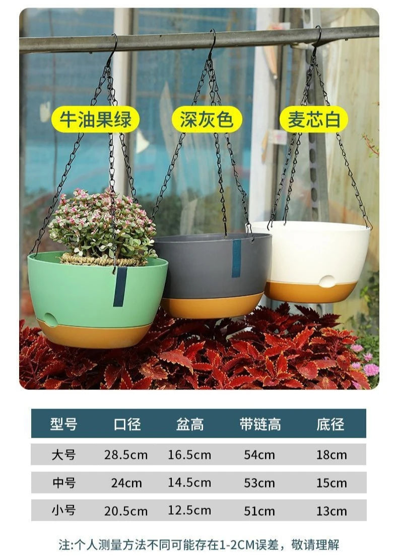 cache pot suspendu moderne vert pastel gris foncé blanc pot plastique chaînes métalliques minimaliste
