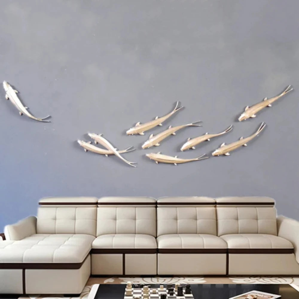 décoration murale moderne poissons dorés sculptés or animaux intérieur salon