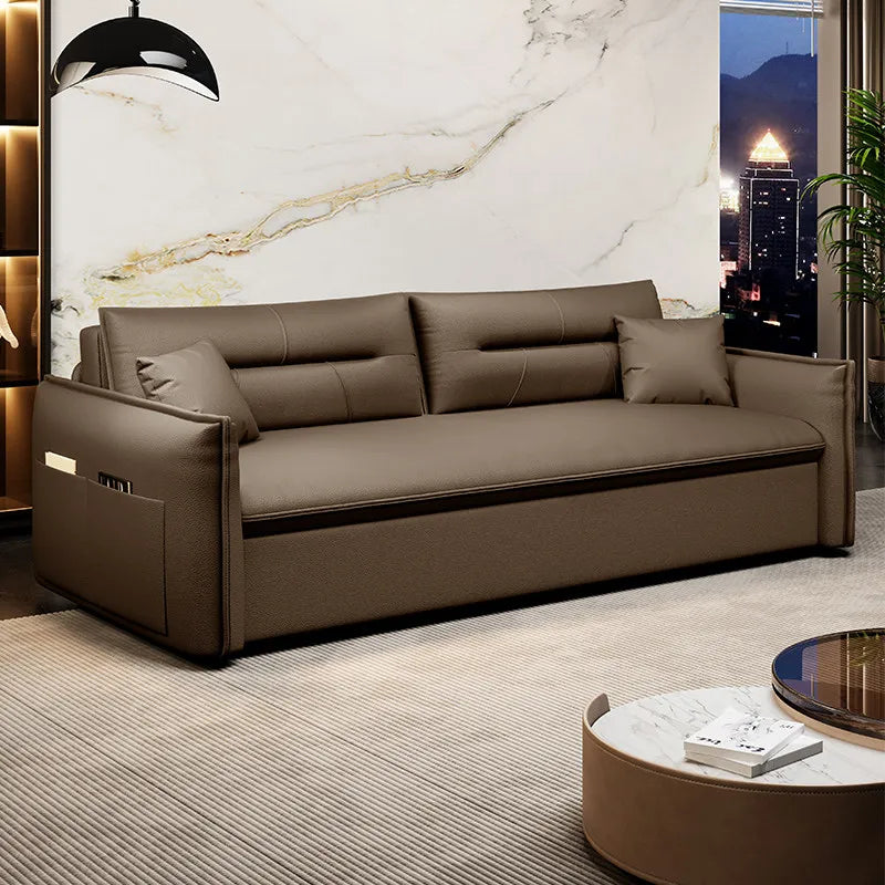 canapé lit moderne marron clair simili cuir scandinave confortable coussins salon maison