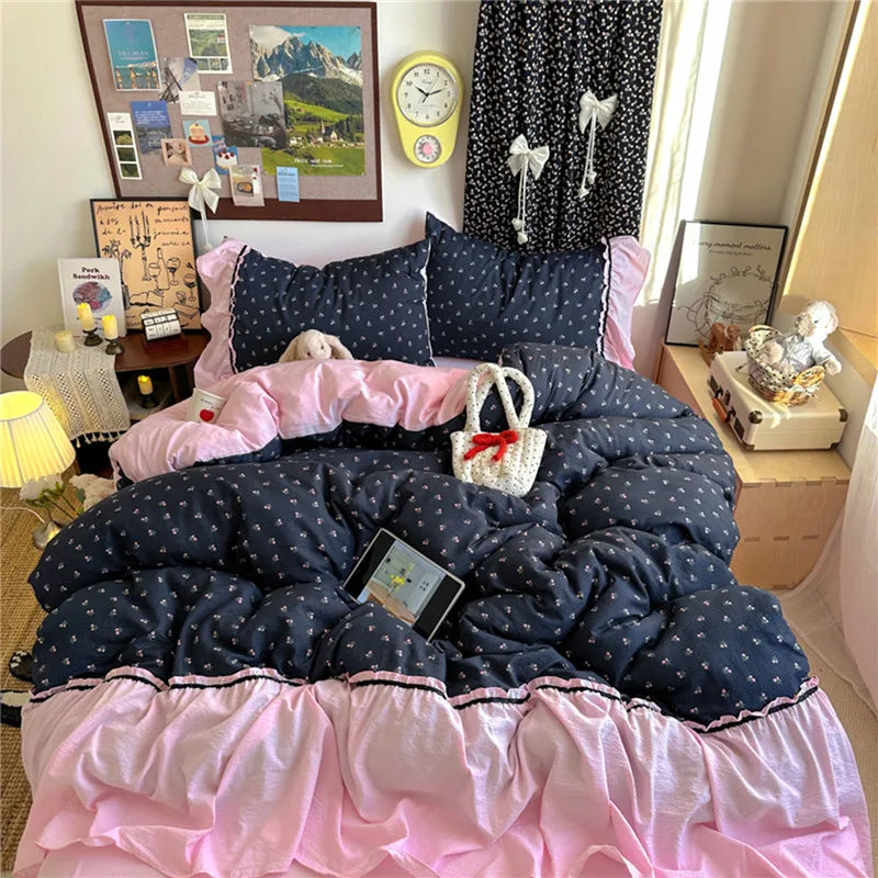 ensemble literie floral romantique bleu rose couverture oreillers drap plat volants doux