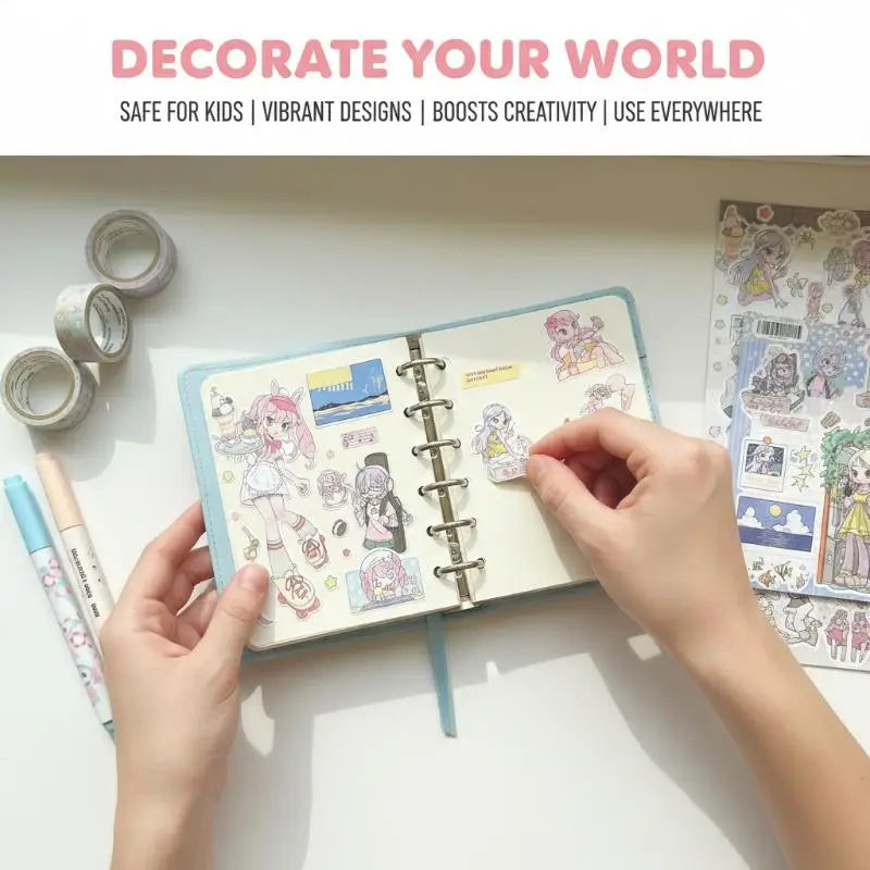 sticker kawaii personnages animés fille piscine guitare autocollants décoratifs carnet journal intime scrapbook