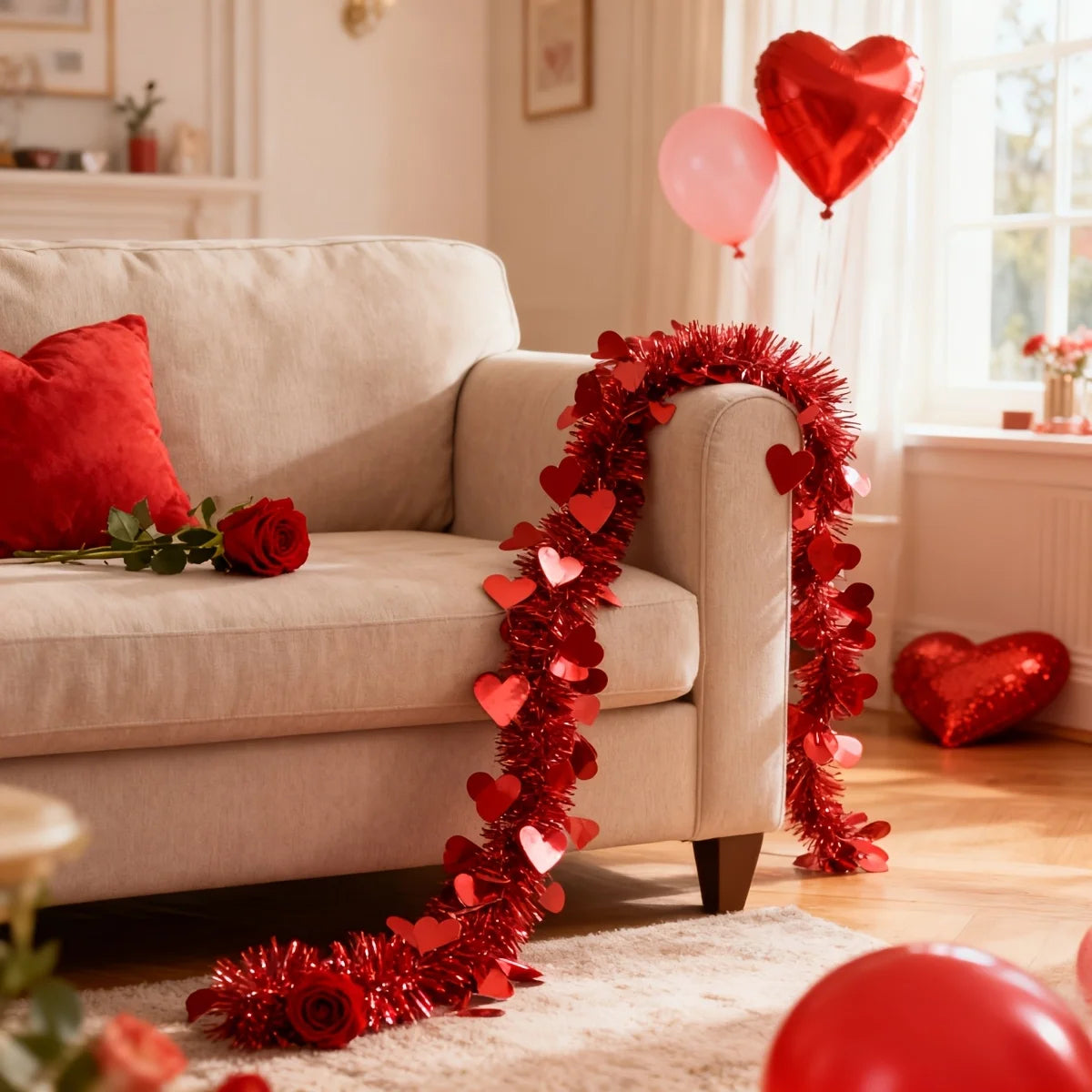 décoration festive tinsel brillant coeurs roses rouge anniversaire mariage saint valentin confettis ballons miroir