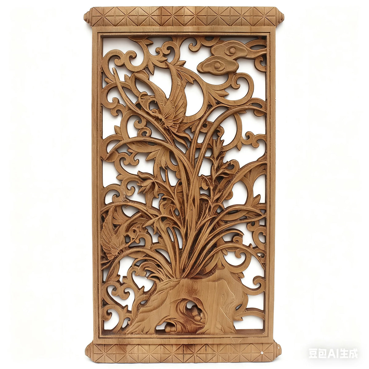 sculpture bois fleur oiseaux geometrique artisanal decoration murale naturelle traditionnelle chance bénédiction