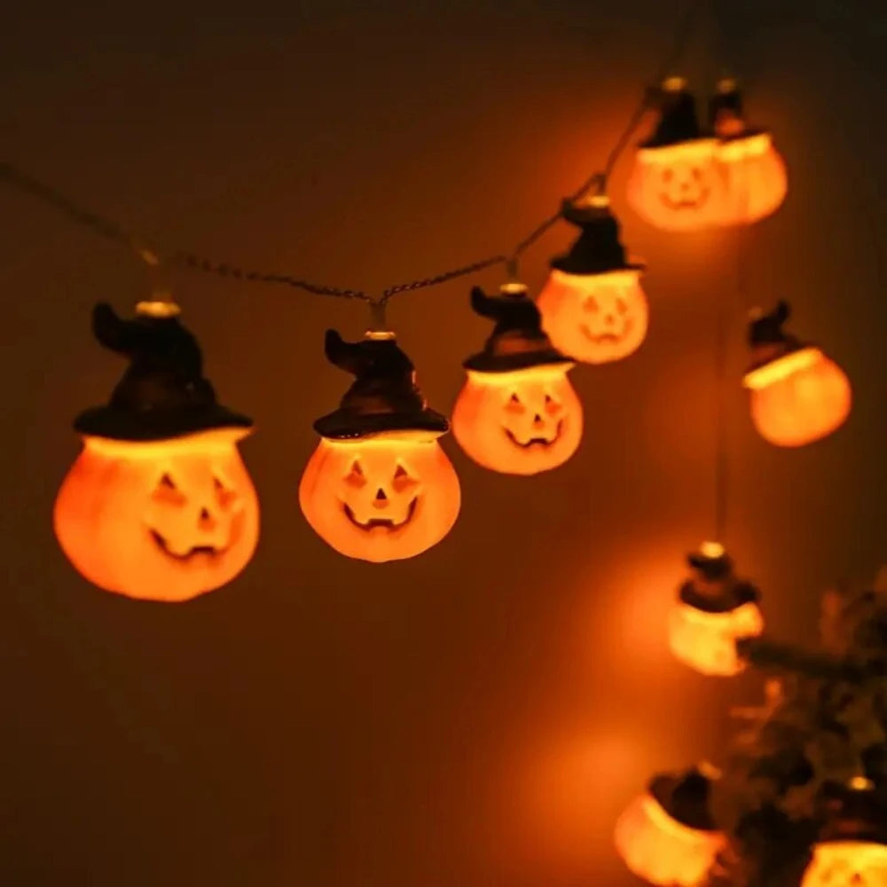 guirlande lumineuse halloween citrouilles souriant chapeaux noirs orange led piles chambre salon