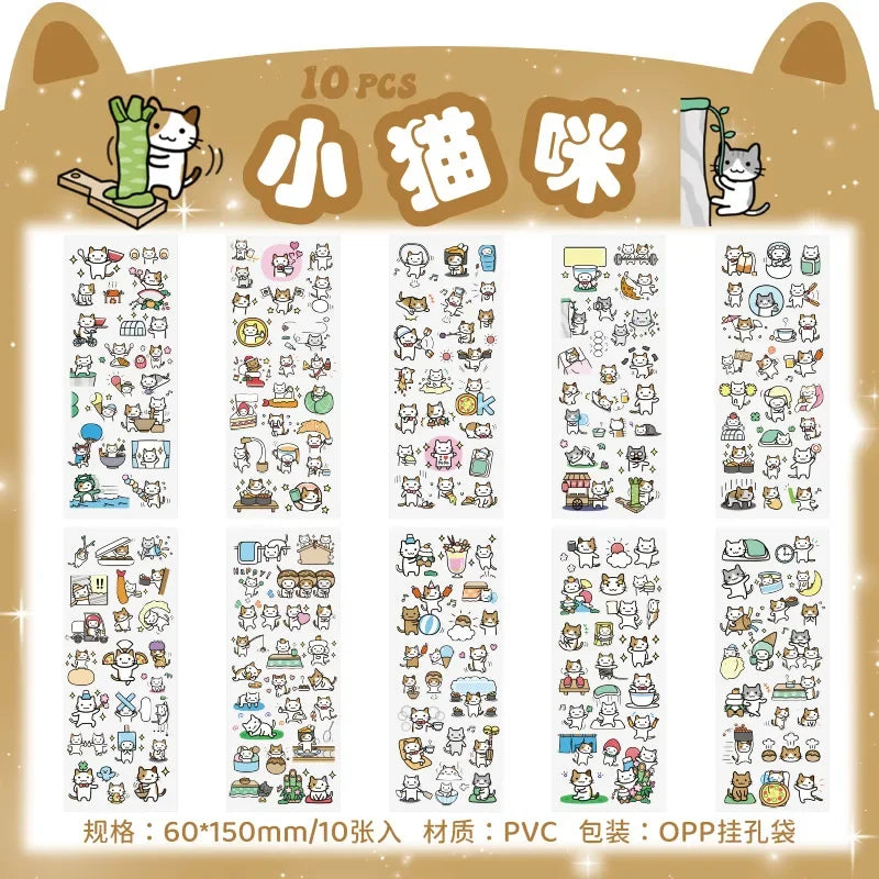 sticker kawaii adhésif dessins animés chats floraux textes scrapbooking transparent rose vert bleu blanc