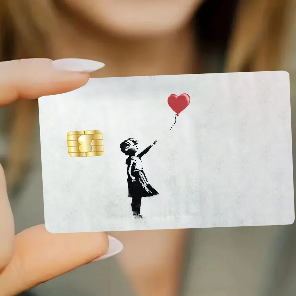 sticker pop art fille ballon cœur fond grunge carte bancaire waterproo réutilisable