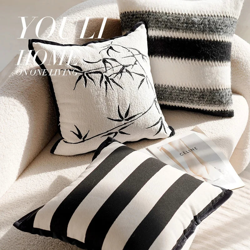 coussins oreillers moderne rayés blanc noir décor maison sergé fixations