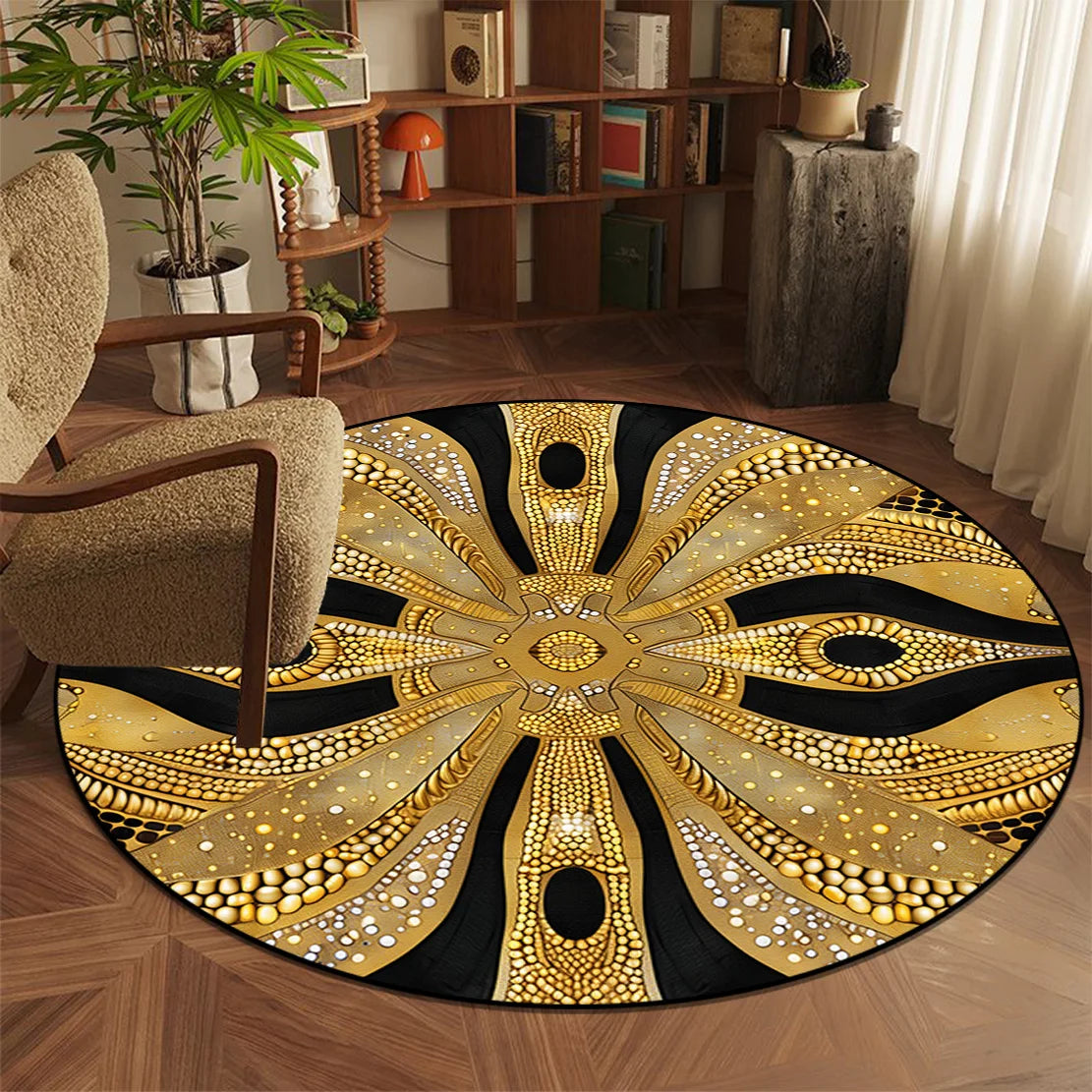 Un tapis rond décoratif avec un motif abstrait et géométrique de couleurs chaudes et dorées, créant une ambiance chaleureuse et unique dans l'espace.