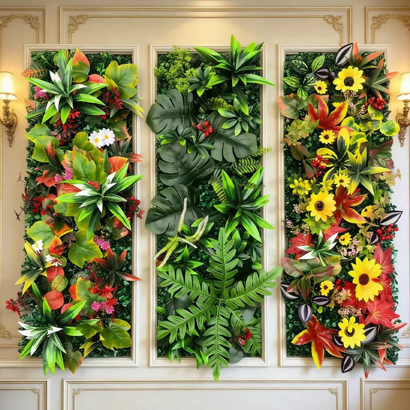 panneaux muraux végétaux artificiels feuilles fleurs mousse décoration extérieure contemporaine verte rouge jaune orange