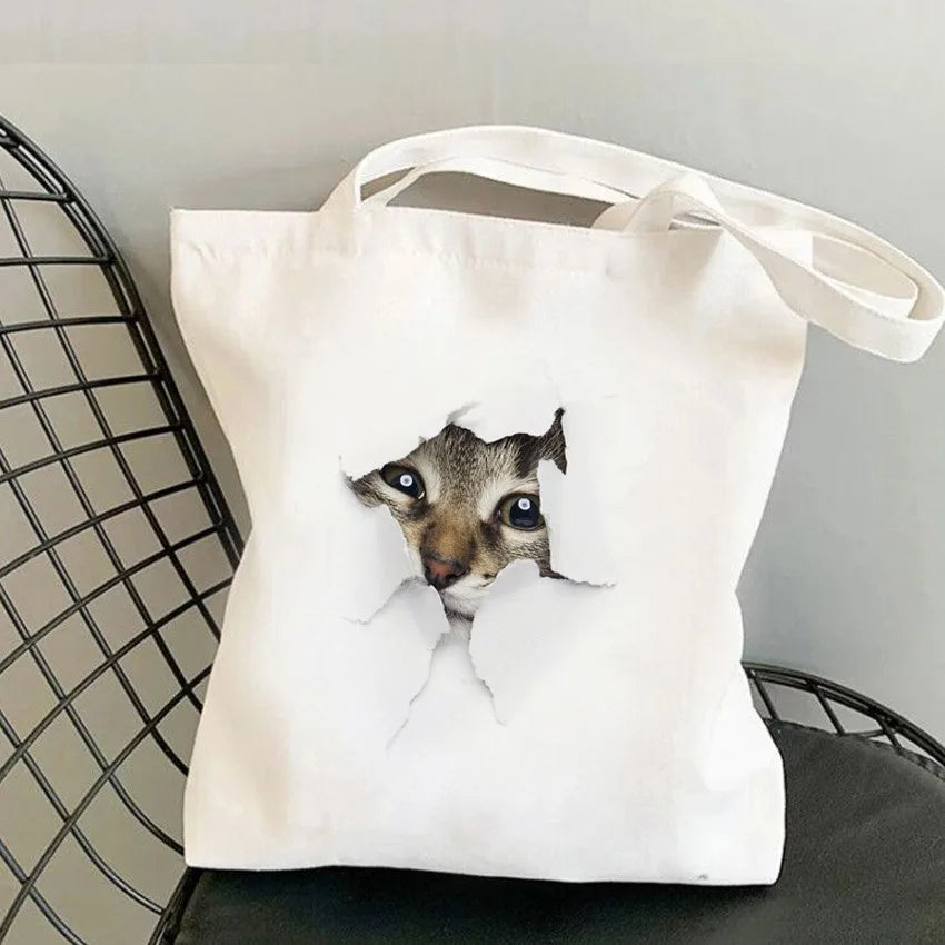 sac bandoulière toile imprimé chats blancs moderne décontracté sans fermeture éclair deux poignées détachables