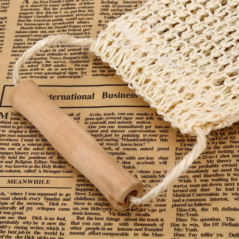 sac savon rustique toile maille fine cordon poignées bois nettoyage bain durable naturel toile